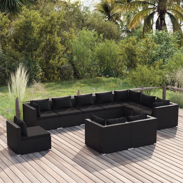 vidaXL 10 Piece Garden Lounge Set with Cushions Poly Rattan Black