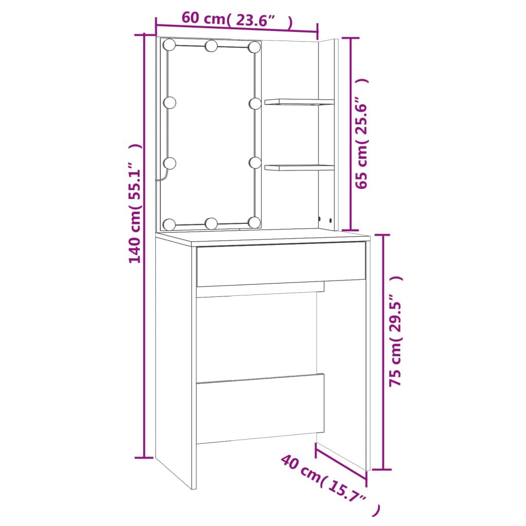 vidaXL Dressing Table with LED High Gloss White 60x40x140 cm