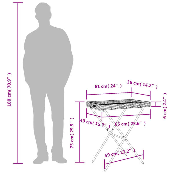 vidaXL Folding Tray Table Black 65x40x75 cm Poly Rattan