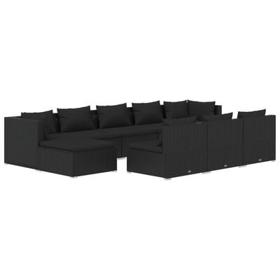 vidaXL 10 Piece Garden Lounge Set with Cushions Black Poly Rattan, black vidaXL 10 Piece Garden Lounge Set with Cushions Black Poly Rattan