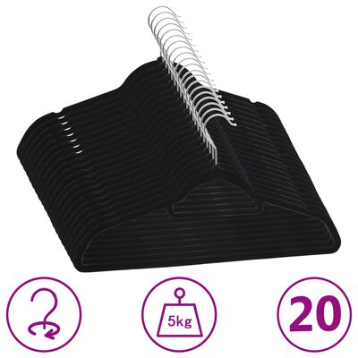 vidaXL 20 pcs Clothes Hanger Set Anti-slip Black Velvet, black vidaXL 20 pcs Clothes Hanger Set Anti-slip Black Velvet