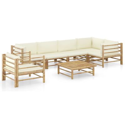 vidaXL 7 Piece Garden Lounge Set with Cream White Cushions Bamboo, cream vidaXL 7 Piece Garden Lounge Set with Cream White Cushions Bamboo