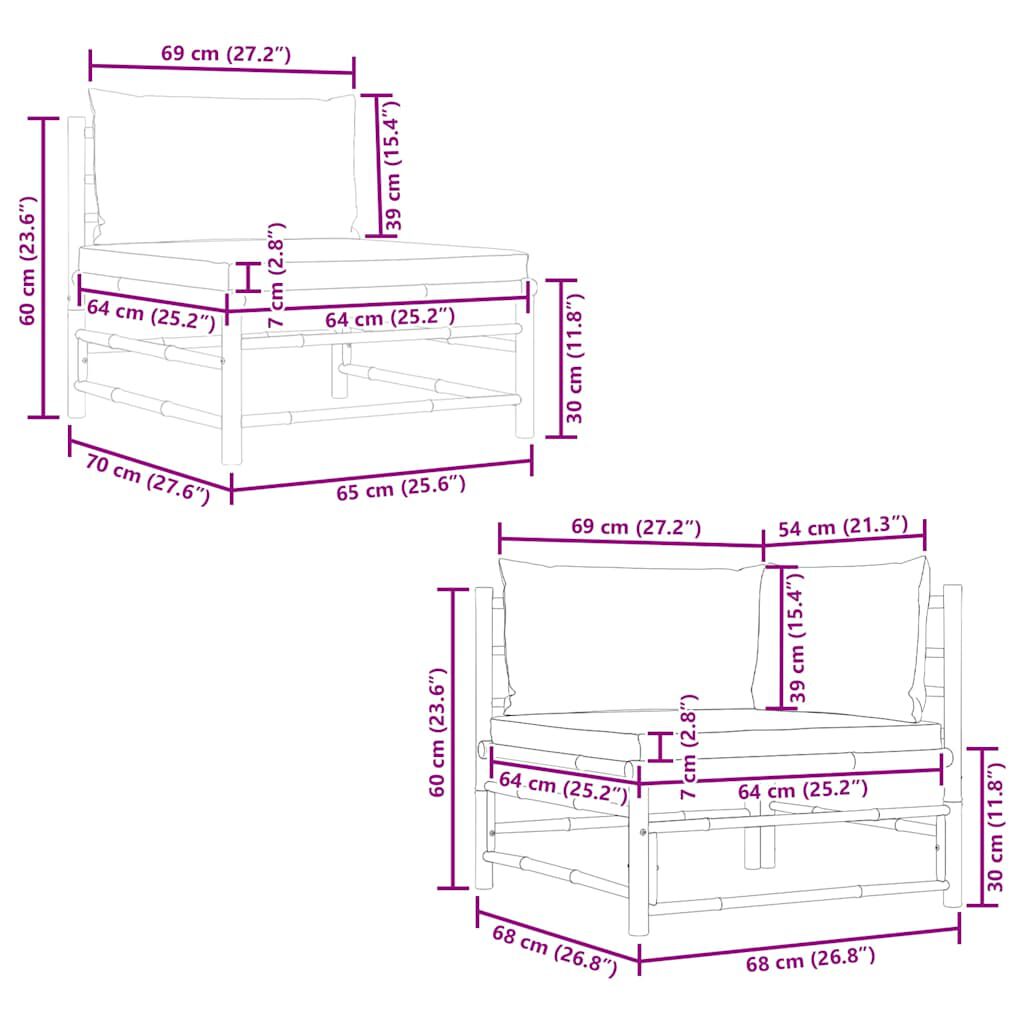 vidaXL 2 Piece Garden Lounge Set with Dark Grey Cushions Bamboo