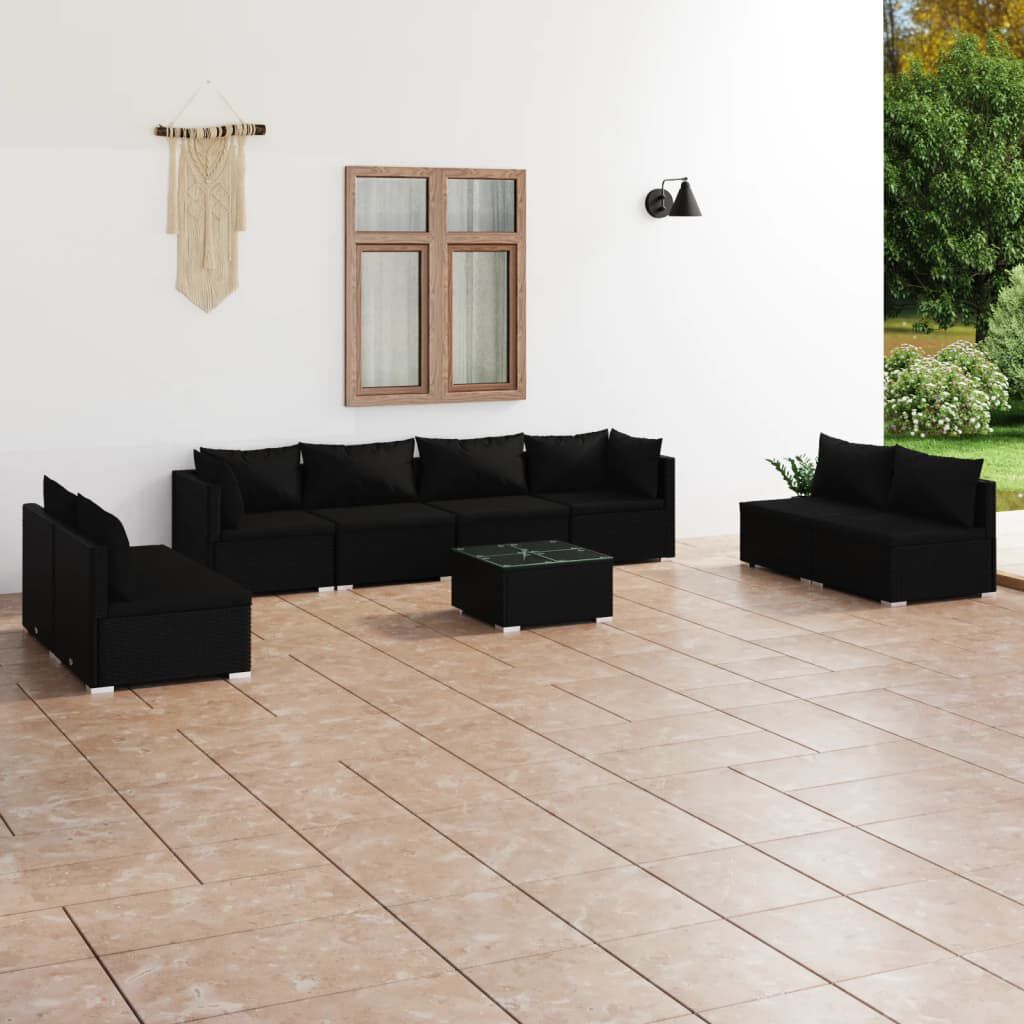vidaXL 9 Piece Garden Lounge Set with Cushions Poly Rattan Black
