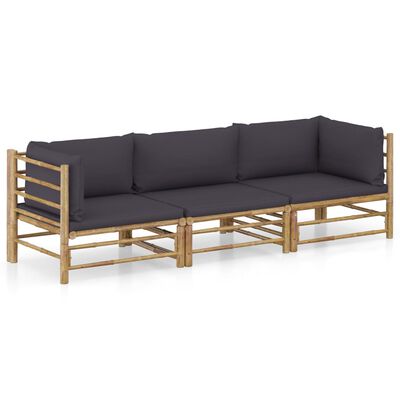 vidaXL 3 Piece Garden Lounge Set with Dark Grey Cushions Bamboo, dark grey vidaXL 3 Piece Garden Lounge Set with Dark Grey Cushions Bamboo