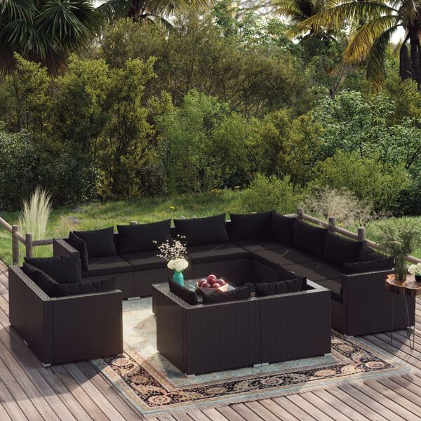 vidaXL 12 Piece Garden Lounge Set with Cushions Black Poly Rattan