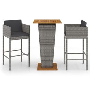 vidaXL 3 Piece Garden Bar Set with Cushions Poly Rattan Grey
