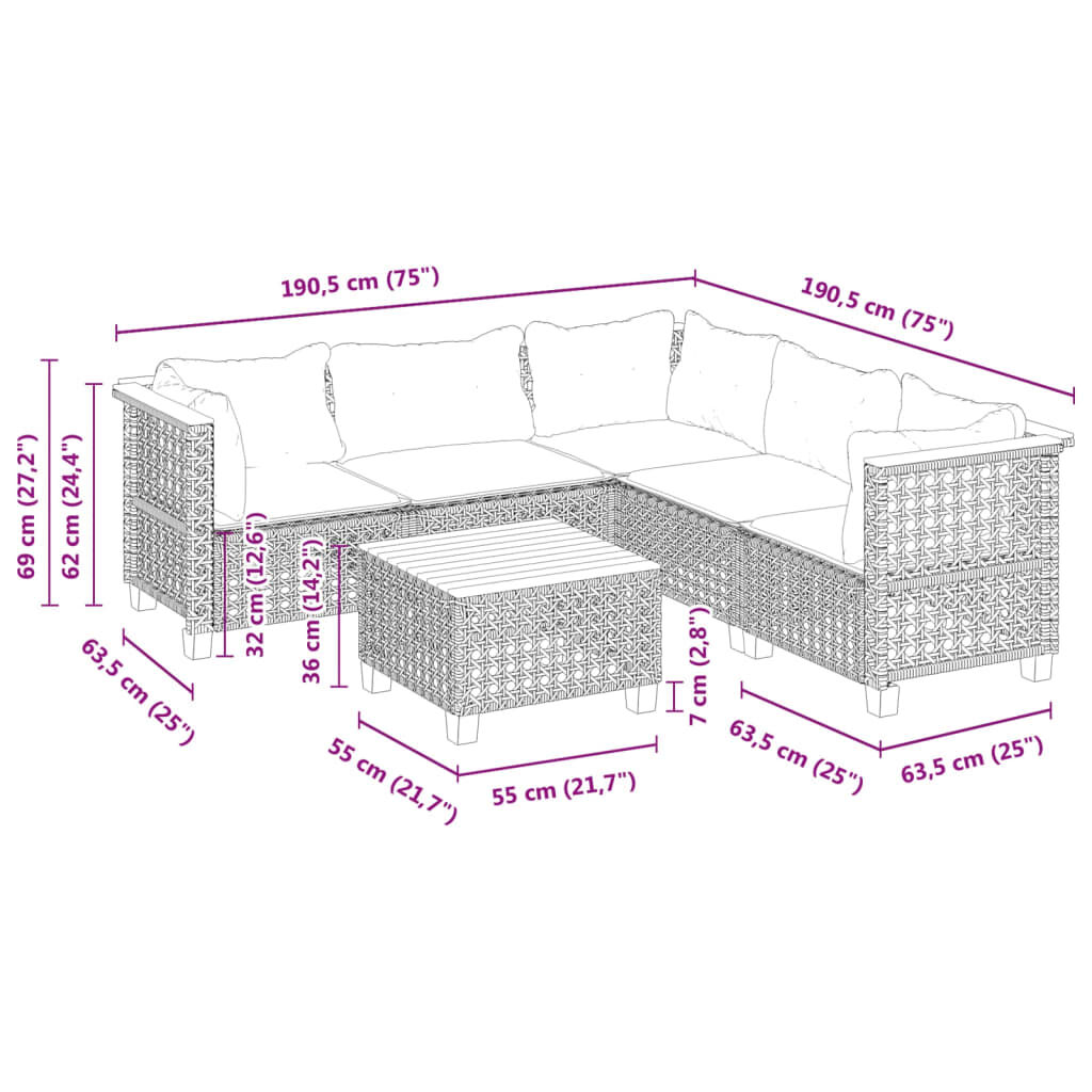 vidaXL 6 Piece Garden Sofa Set with Cushions Grey Poly Rattan