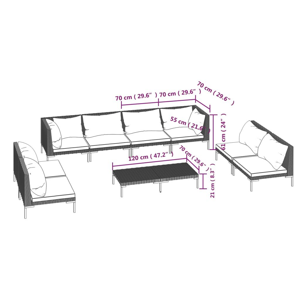 vidaXL 9 Piece Garden Lounge Set with Cushions Poly Rattan Dark Grey
