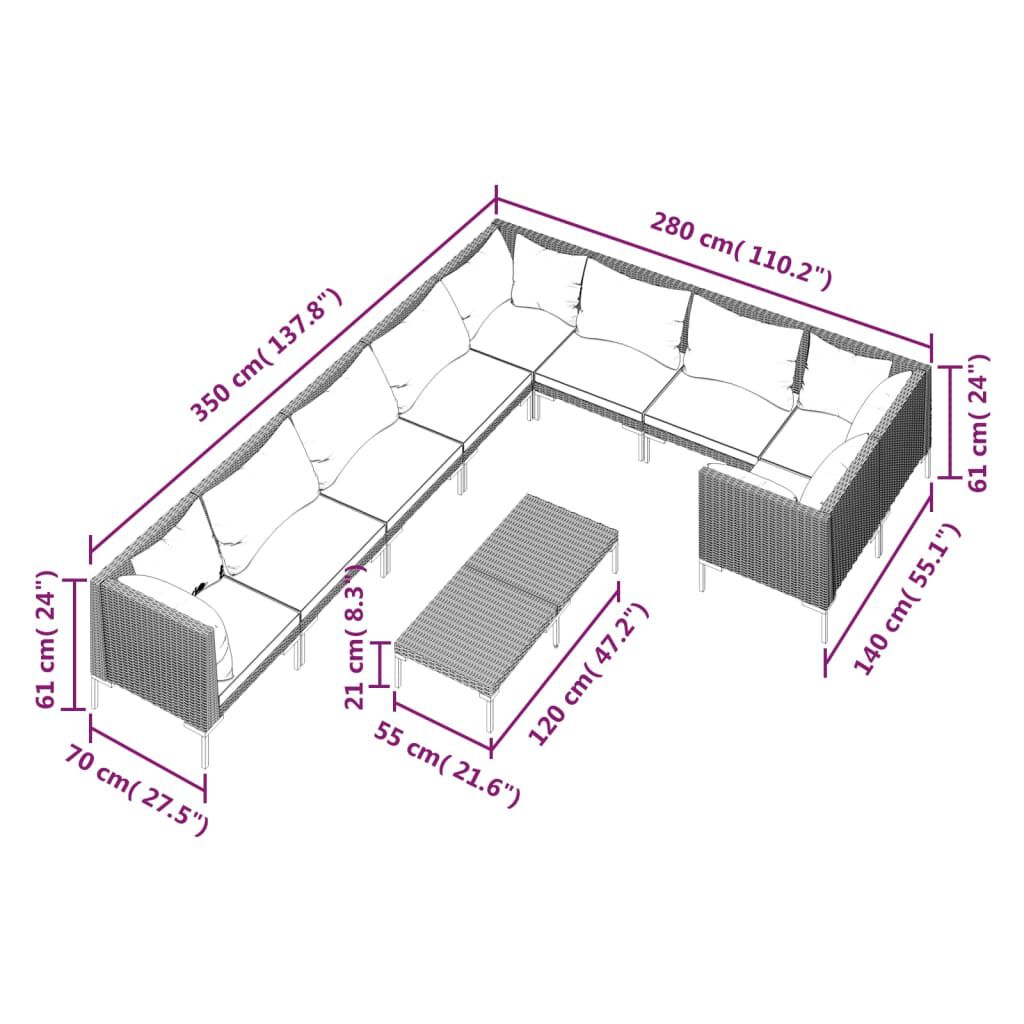 vidaXL 10 Piece Garden Lounge Set with Cushions Poly Rattan Dark Grey