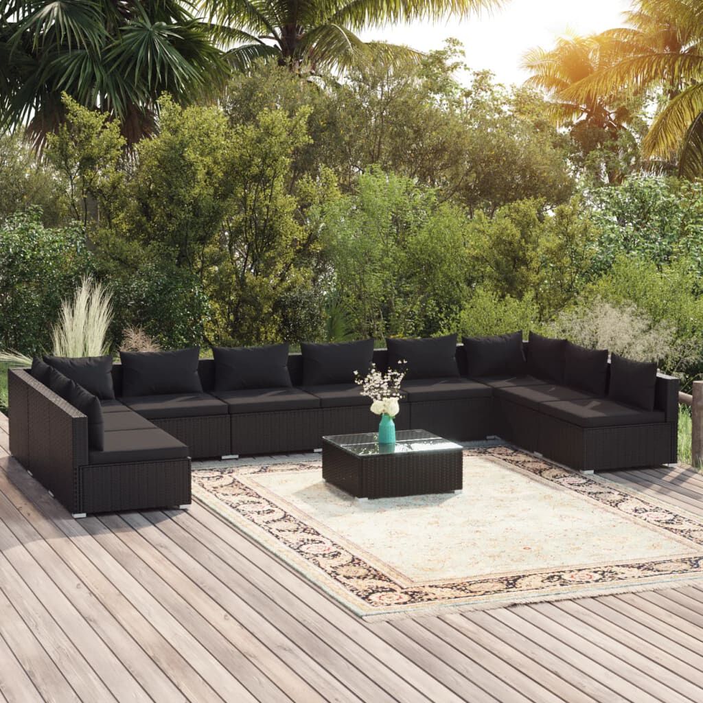 vidaXL 11 Piece Garden Lounge Set with Cushions Poly Rattan Black
