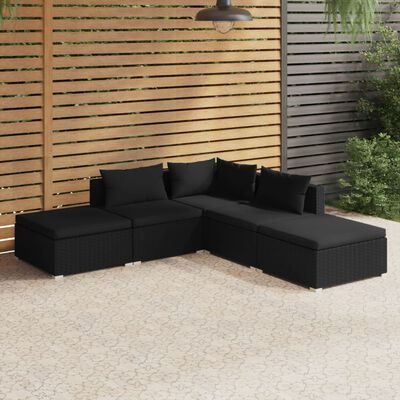vidaXL 5 Piece Garden Lounge Set with Cushions Poly Rattan Black, black vidaXL 5 Piece Garden Lounge Set with Cushions Poly Rattan Black
