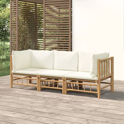 vidaXL 3 Piece Garden Lounge Set with Cream White Cushions Bamboo,  vidaXL 3 Piece Garden Lounge Set with Cream White Cushions Bamboo