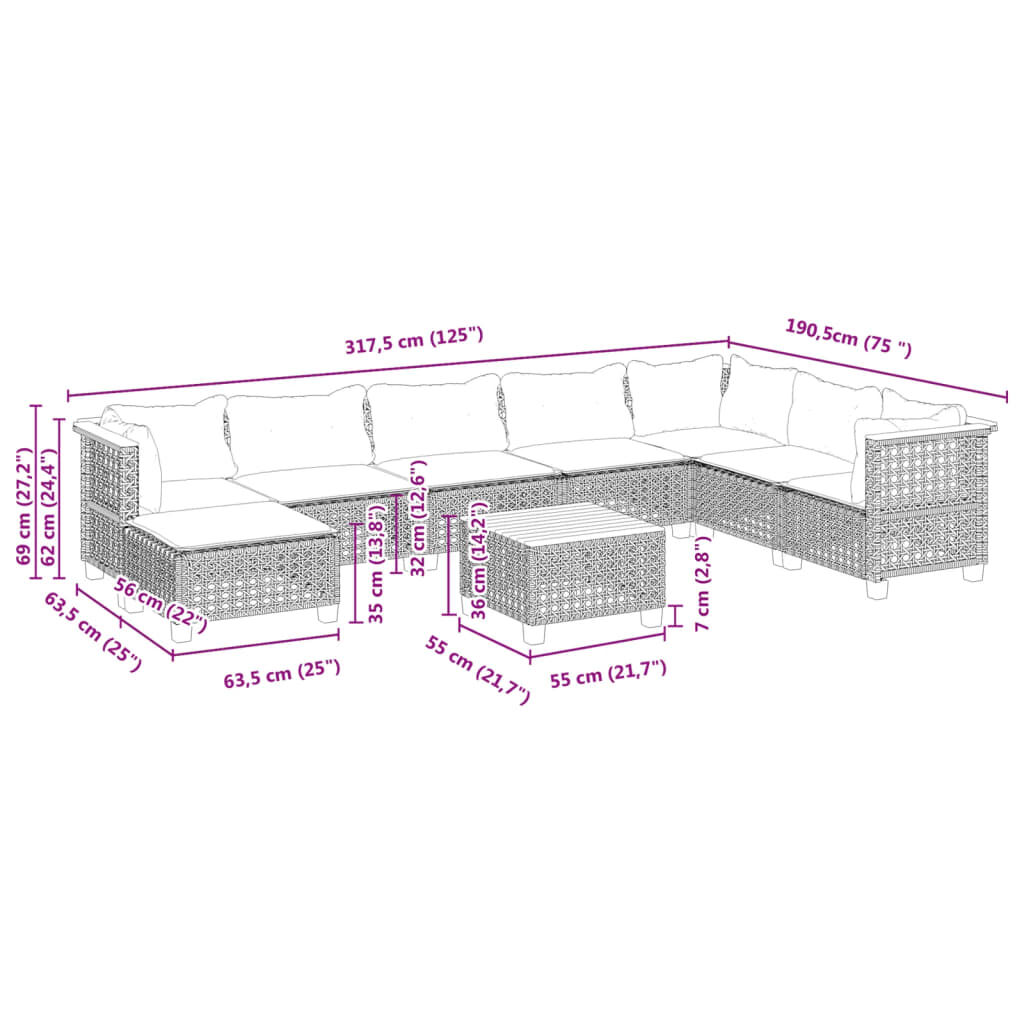 vidaXL 9 Piece Garden Sofa Set with Cushions Grey Poly Rattan