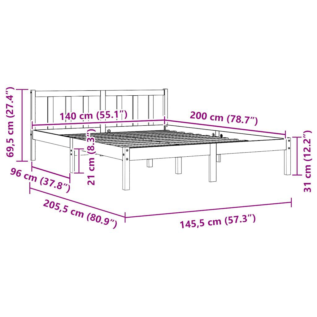 vidaXL Bed Frame without Mattress Black Solid Wood 140x200 cm