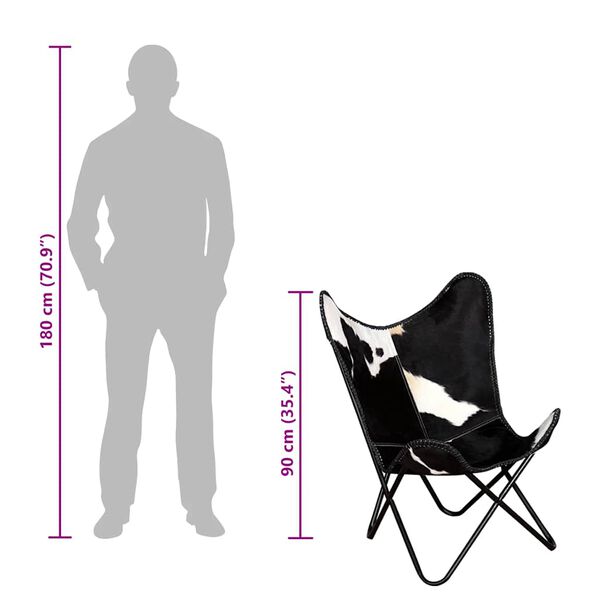 vidaXL Butterfly Chair Black and White Real Cowhide Leather