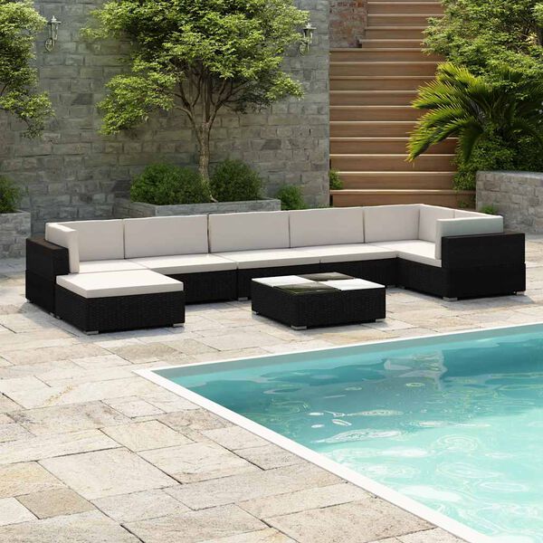 vidaXL 8 Piece Garden Lounge Set with Cushions Poly Rattan Black