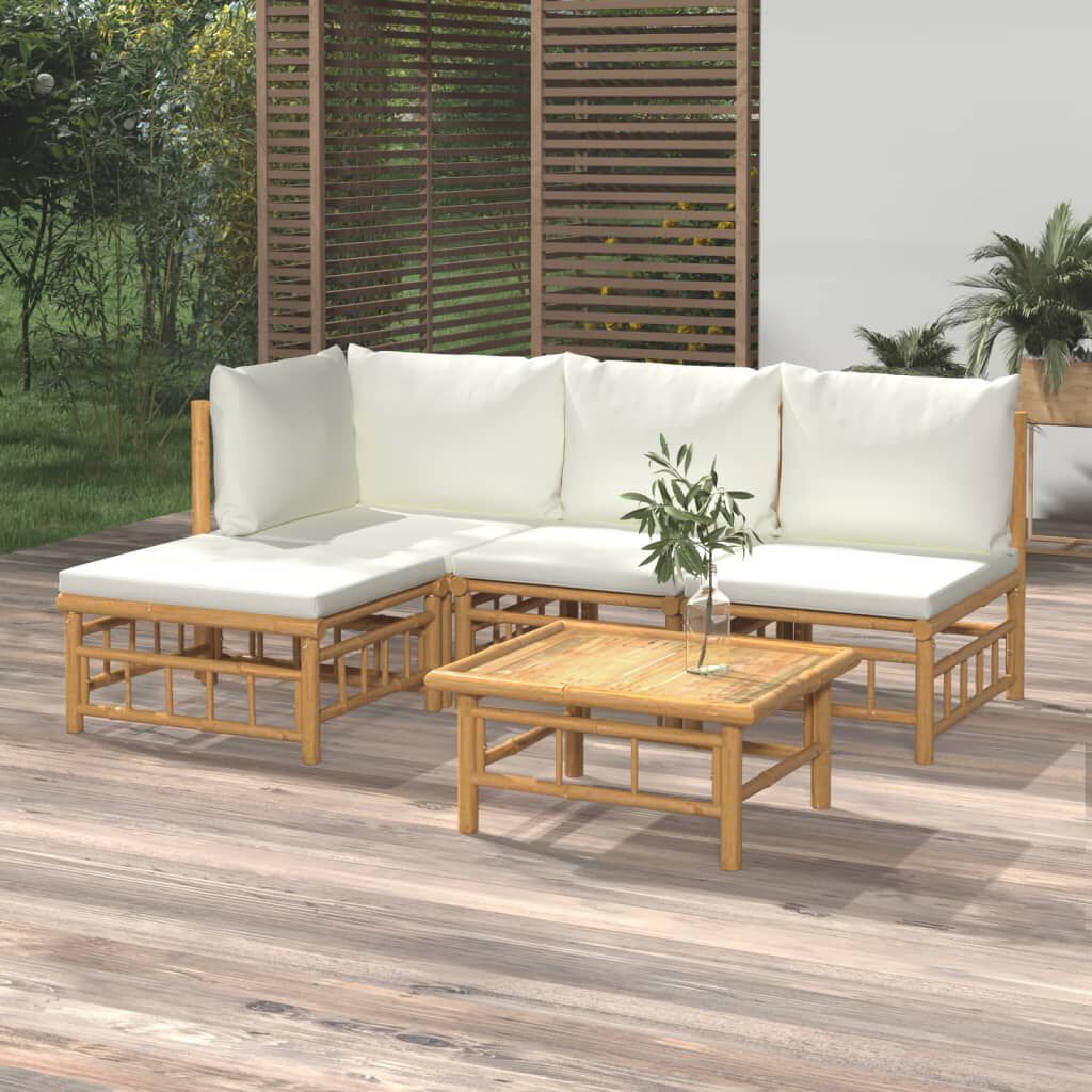 vidaXL 5 Piece Garden Lounge Set with Cream White Cushions Bamboo