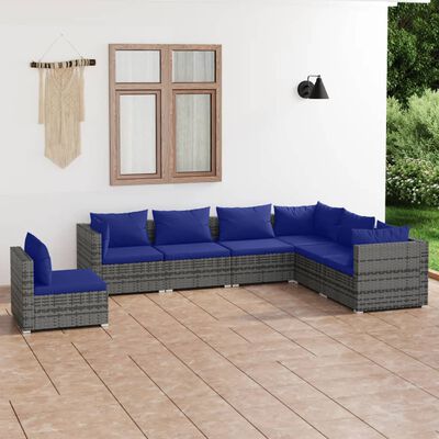 vidaXL 7 Piece Garden Lounge Set with Cushions Poly Rattan Grey, grey and dark blue vidaXL 7 Piece Garden Lounge Set with Cushions Poly Rattan Grey