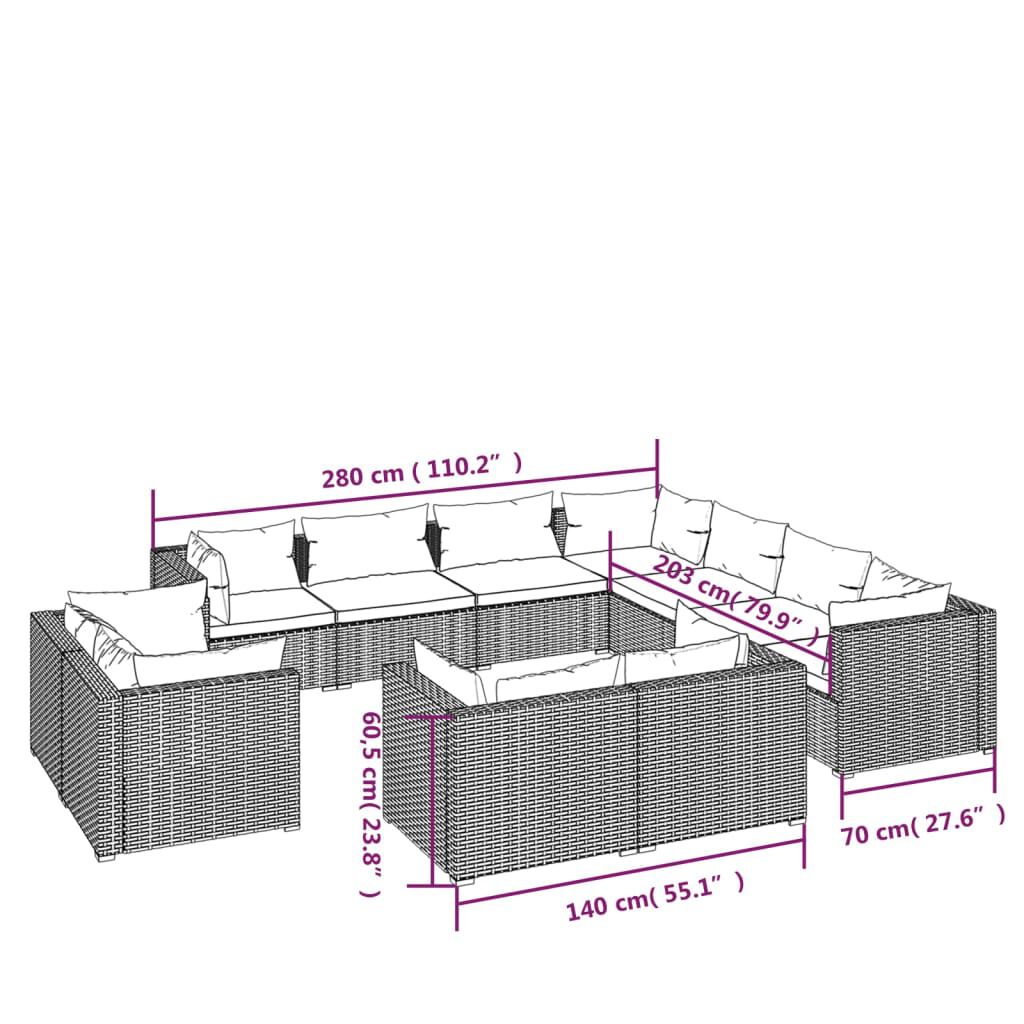 vidaXL 11 Piece Garden Lounge Set with Cushions Grey Poly Rattan