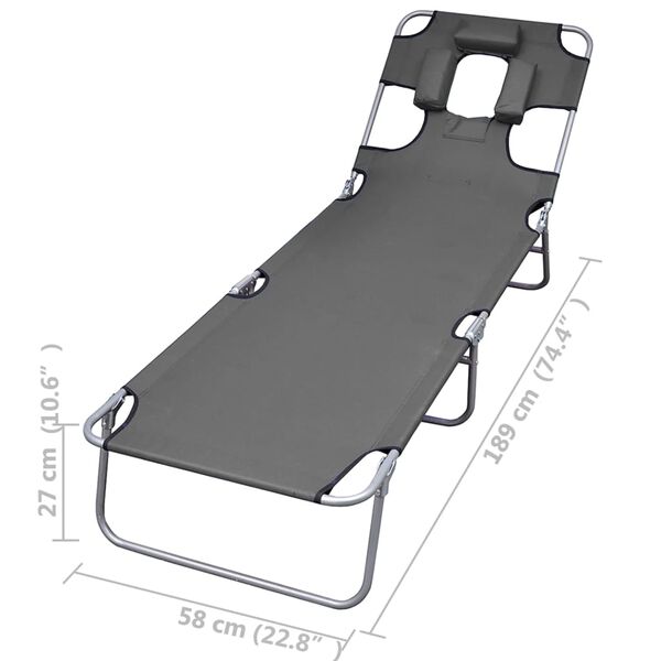 vidaXL Foldable Sunlounger with Head Cushion Adjustable Backrest Grey