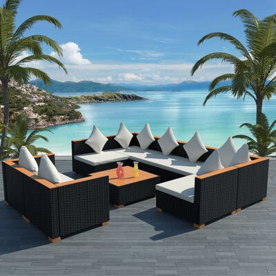 vidaXL 9 Piece Garden Lounge Set with Cushions Poly Rattan Black,  vidaXL 9 Piece Garden Lounge Set with Cushions Poly Rattan Black