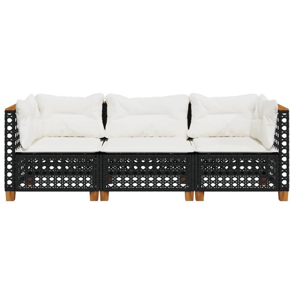 vidaXL Garden Sofa with Cushions 3-Seater Black Poly Rattan