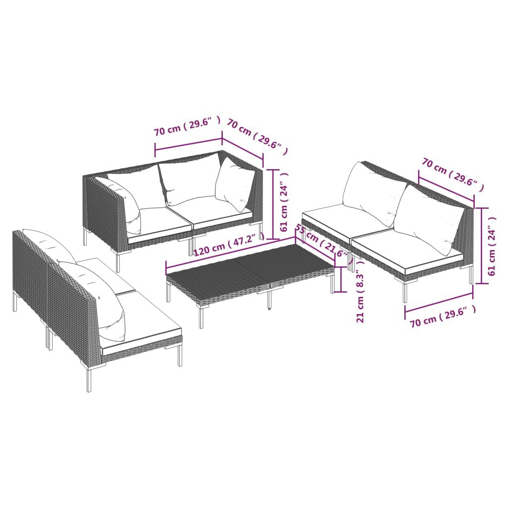 vidaXL 7 Piece Garden Lounge Set with Cushions Poly Rattan Dark Grey