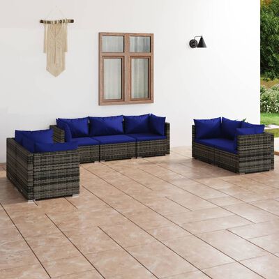 vidaXL 7 Piece Garden Lounge Set with Cushions Poly Rattan Grey, grey and dark blue vidaXL 7 Piece Garden Lounge Set with Cushions Poly Rattan Grey