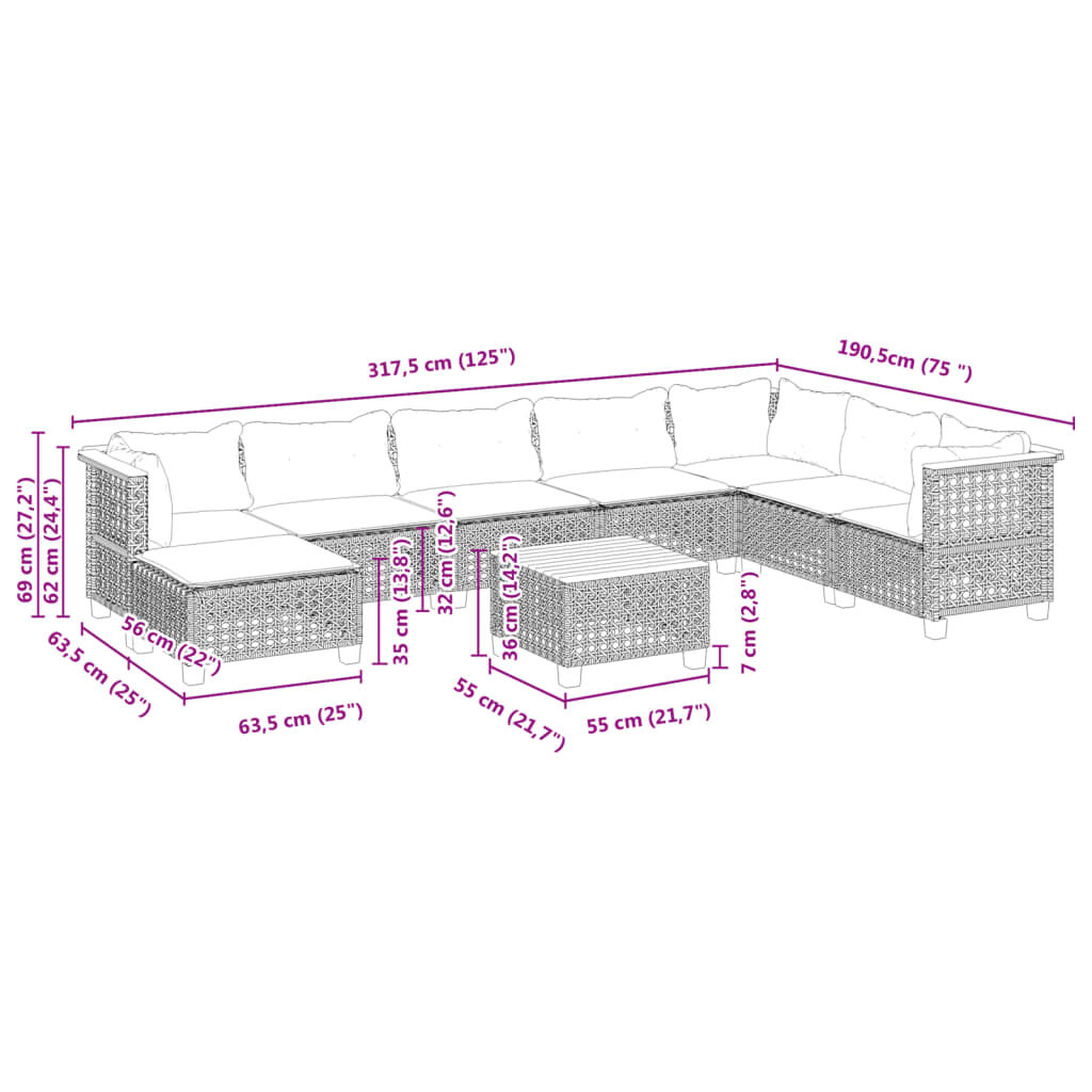 vidaXL 9 Piece Garden Sofa Set with Cushions Black Poly Rattan