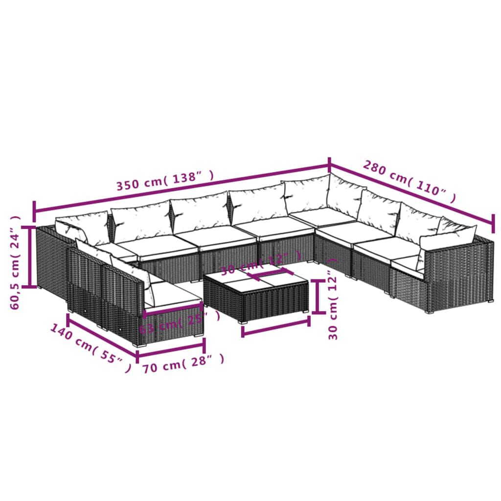 vidaXL 11 Piece Garden Lounge Set with Cushions Black Poly Rattan