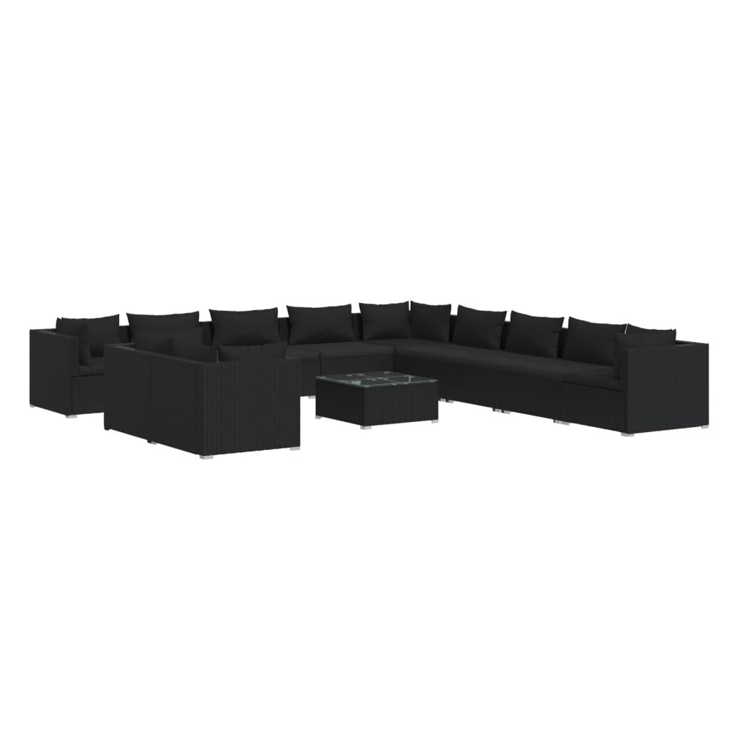 vidaXL 12 Piece Garden Lounge Set with Cushions Black Poly Rattan