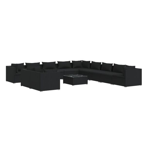 vidaXL 12 Piece Garden Lounge Set with Cushions Black Poly Rattan