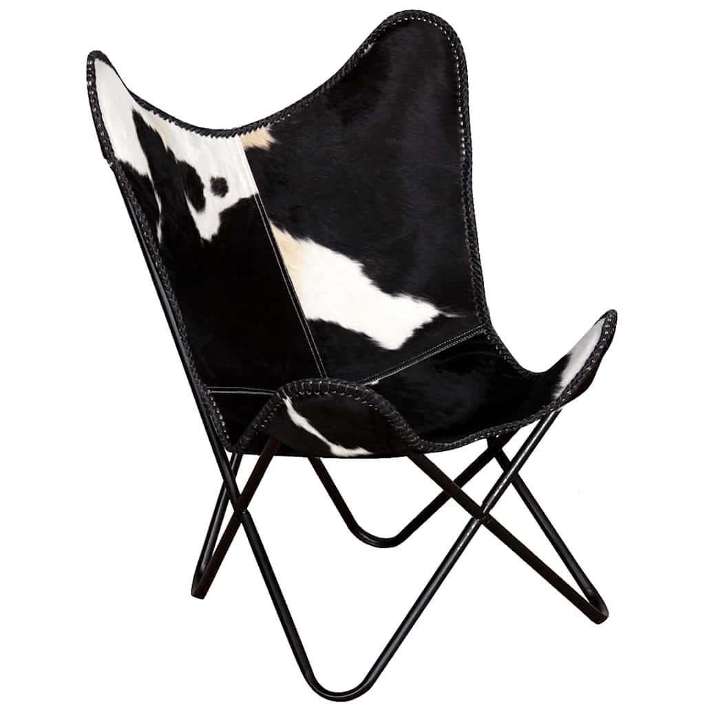 vidaXL Butterfly Chair Black and White Real Cowhide Leather