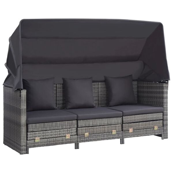 vidaXL Extendable 3-Seater Sofa Bed with Roof Poly Rattan Grey