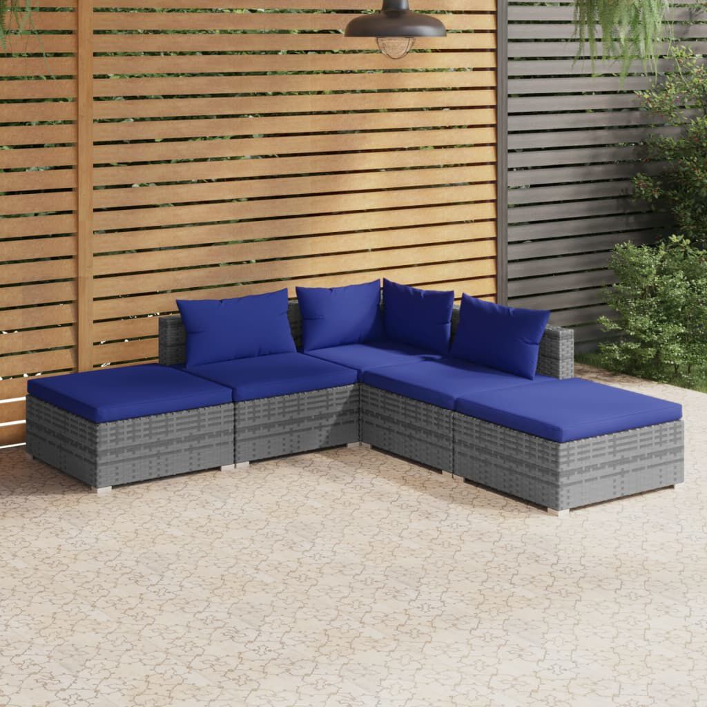 vidaXL 5 Piece Garden Lounge Set with Cushions Poly Rattan Grey