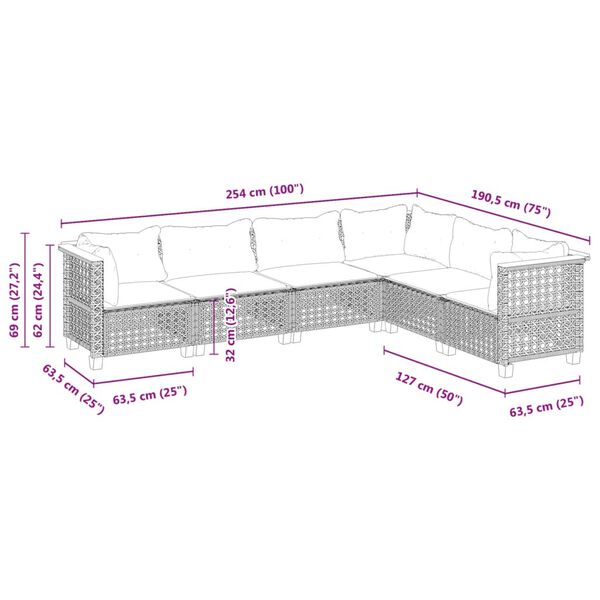 vidaXL 6 Piece Garden Sofa Set with Cushions Grey Poly Rattan