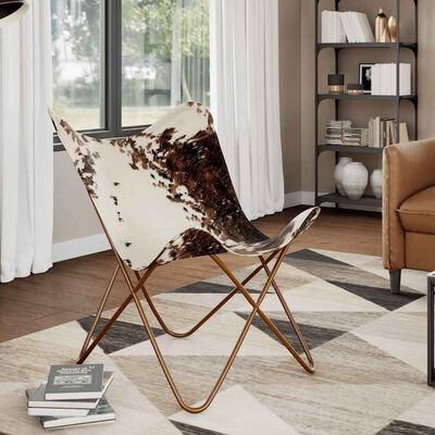 vidaXL Butterfly Chair Brown and White Real Cowhide Leather, brown and white vidaXL Butterfly Chair Brown and White Real Cowhide Leather