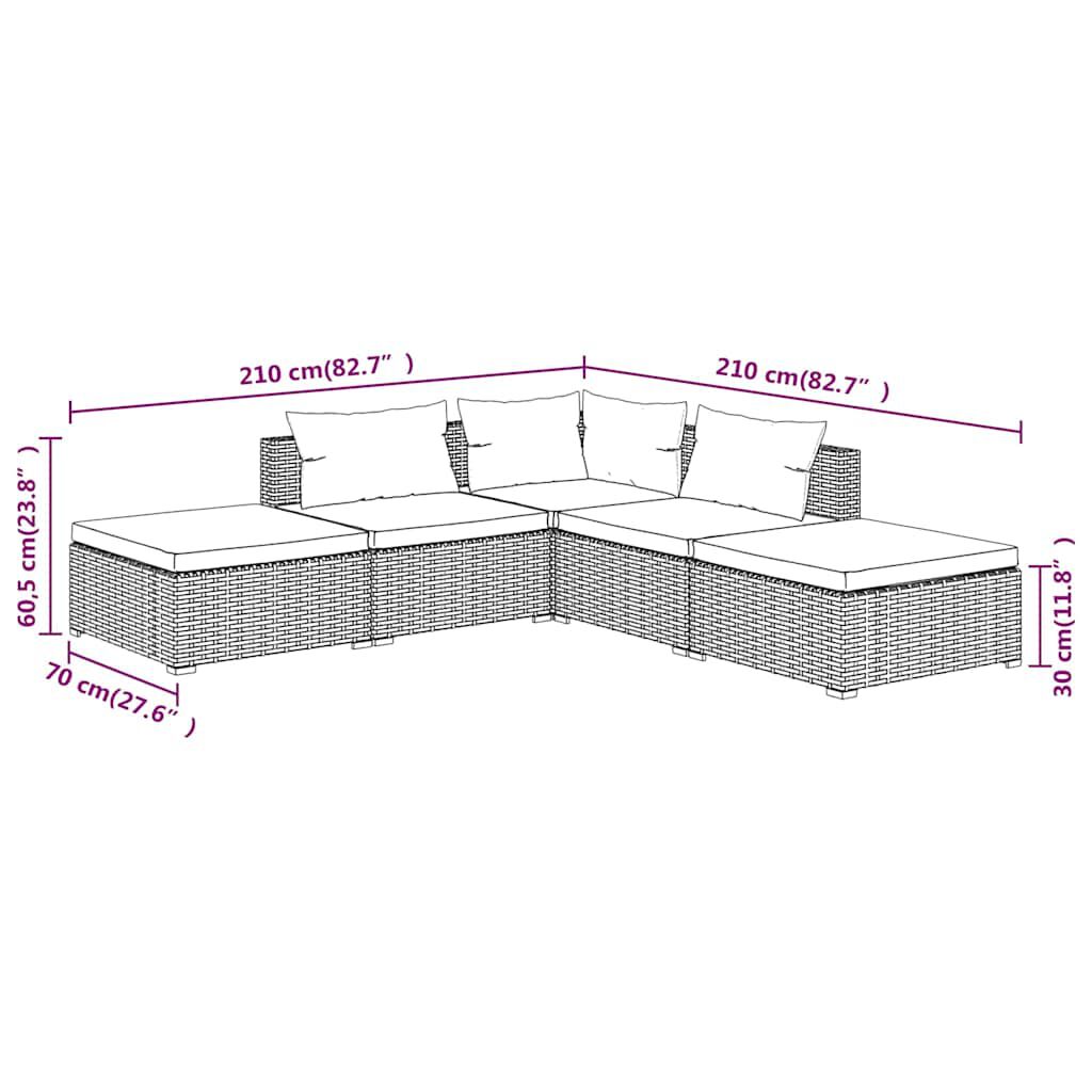 vidaXL 5 Piece Garden Lounge Set with Cushions Poly Rattan Brown