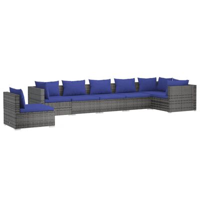 vidaXL 7 Piece Garden Lounge Set with Cushions Poly Rattan Grey, grey and dark blue vidaXL 7 Piece Garden Lounge Set with Cushions Poly Rattan Grey
