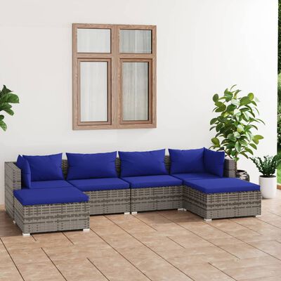 vidaXL 6 Piece Garden Lounge Set with Cushions Poly Rattan Grey, grey and dark blue vidaXL 6 Piece Garden Lounge Set with Cushions Poly Rattan Grey