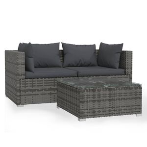 vidaXL 3 Piece Garden Lounge Set with Cushions Grey Poly Rattan