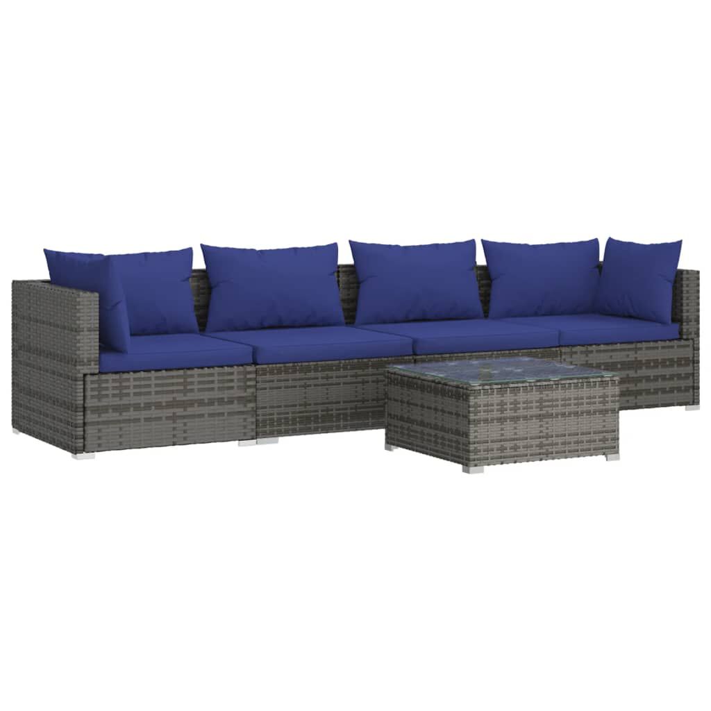 vidaXL 5 Piece Garden Lounge Set with Cushions Poly Rattan Grey