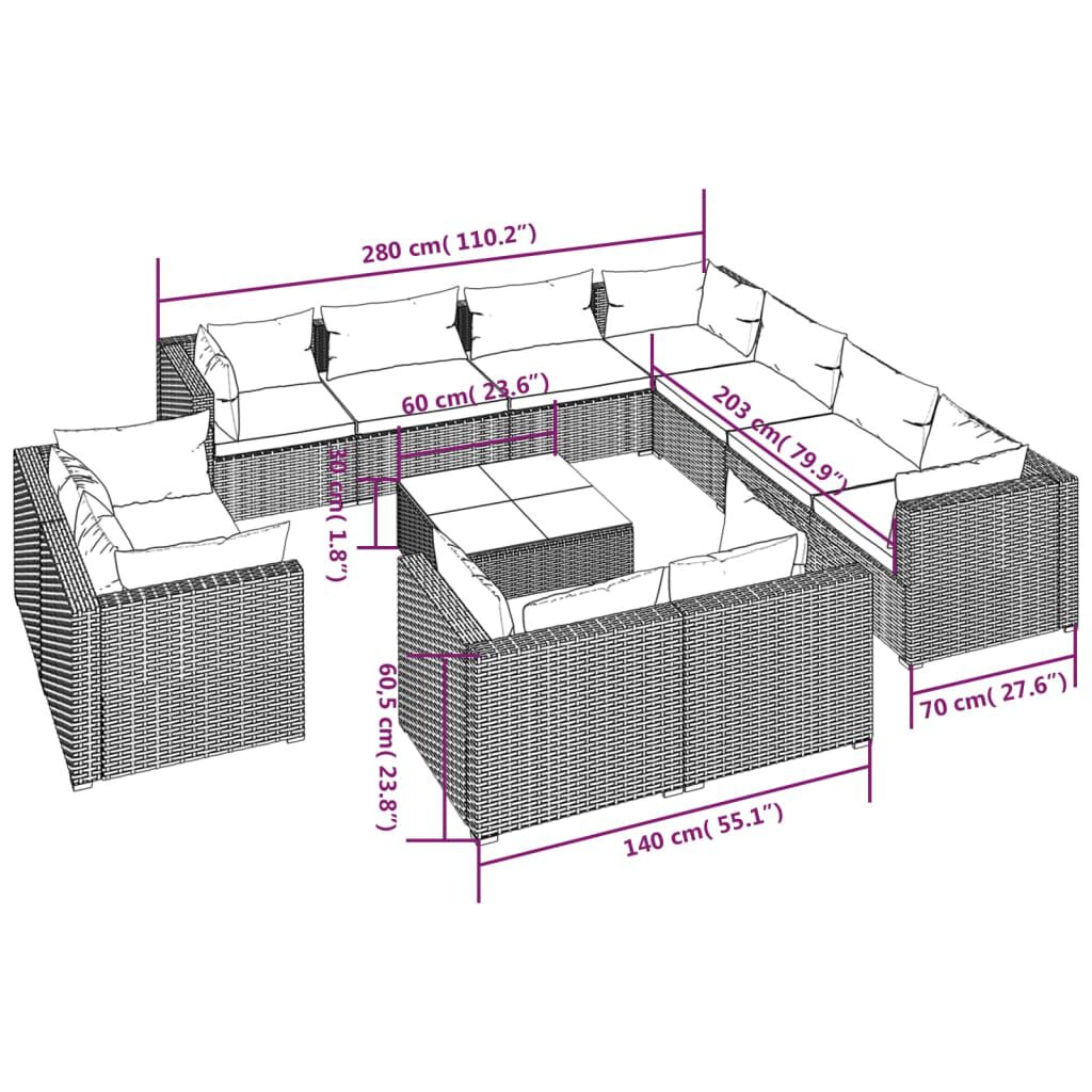 vidaXL 12 Piece Garden Lounge Set with Cushions Grey Poly Rattan