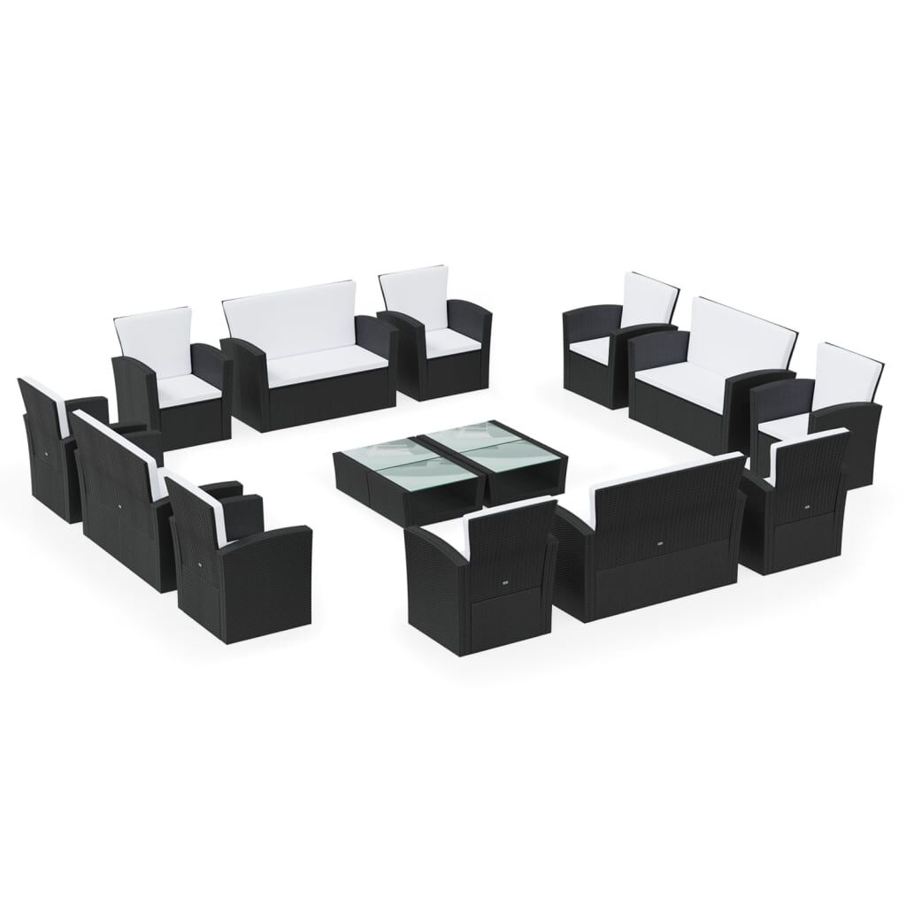 vidaXL 16 Piece Garden Lounge Set with Cushions Poly Rattan Black