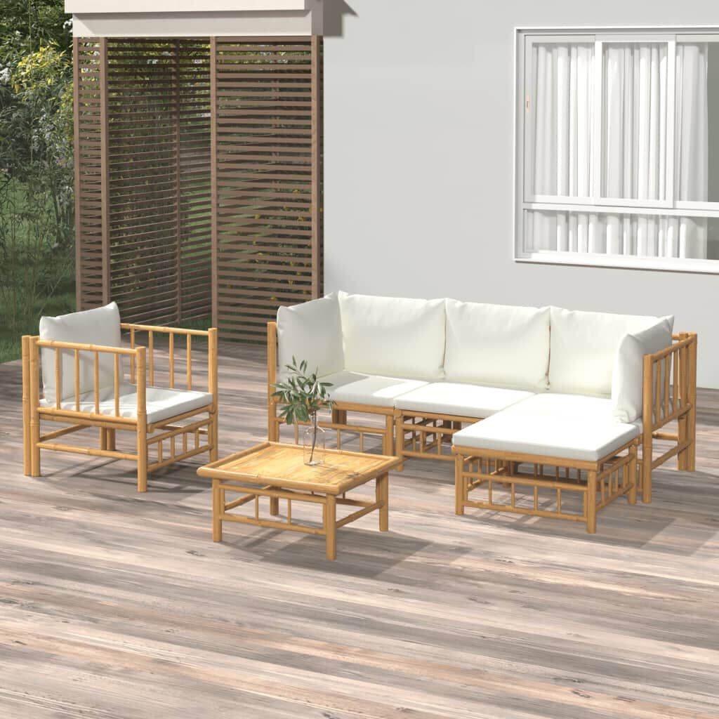 vidaXL 6 Piece Garden Lounge Set with Cream White Cushions Bamboo