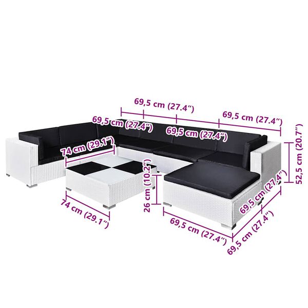 vidaXL 8 Piece Garden Lounge Set with Cushions Poly Rattan White