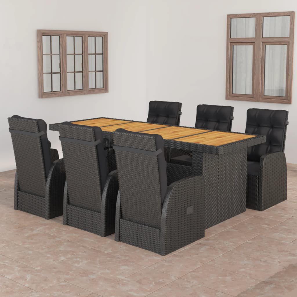vidaXL 7 Piece Outdoor Dining Set with Cushions Poly Rattan Black