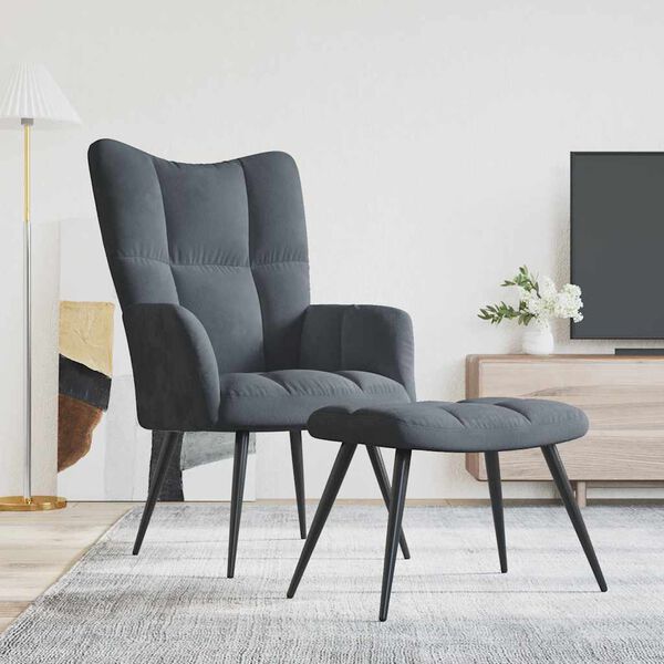 vidaXL Relaxing Chair with a Stool Dark Grey Velvet