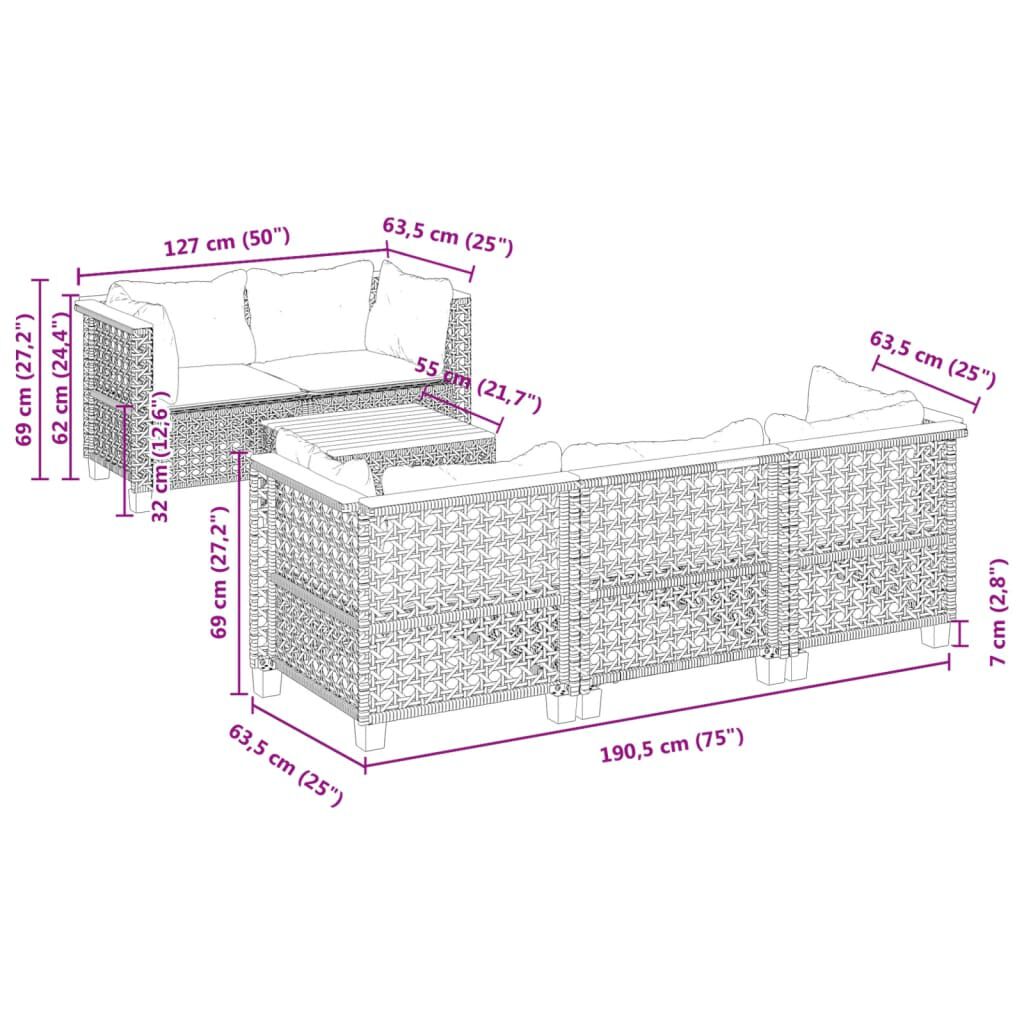 vidaXL 6 Piece Garden Sofa Set with Cushions Grey Poly Rattan